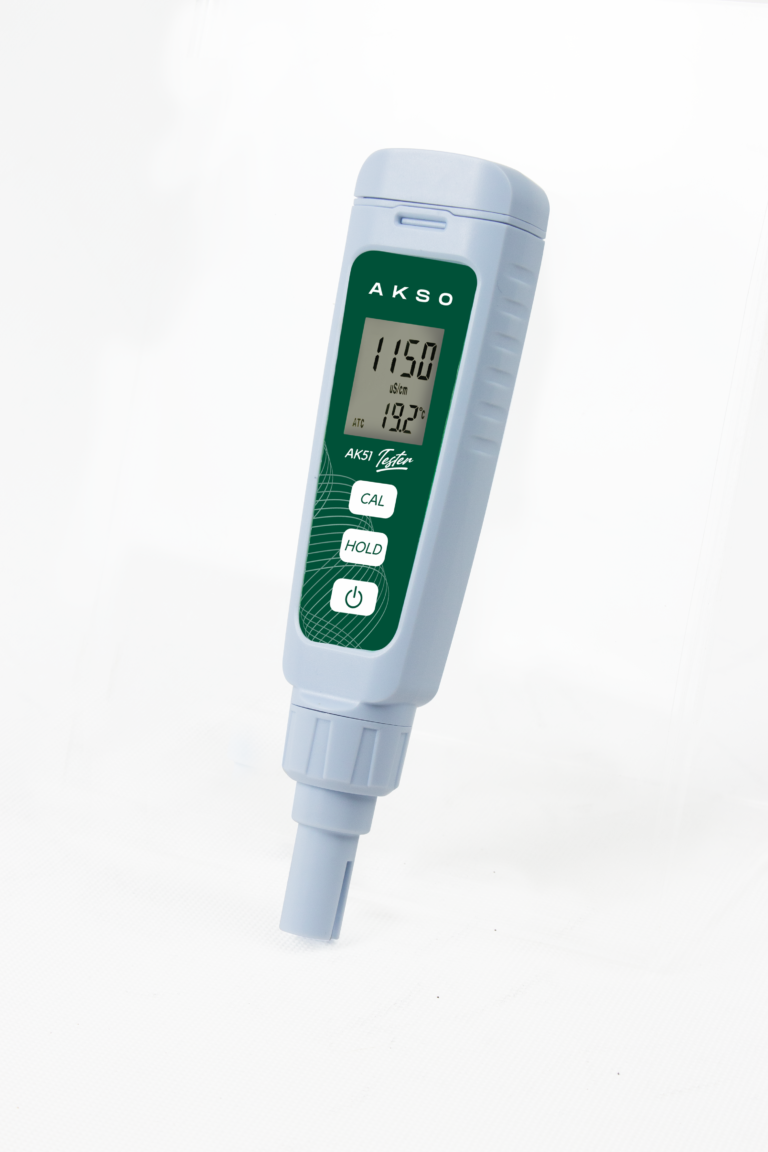 medidor de EC y temperatura AKSO AK51 con estuche rígido, equipo AKSO AK51 para medir conductividad eléctrica en agua, medidor de conductividad eléctrica de bolsillo AKSO AK51 con soluciones de calibración