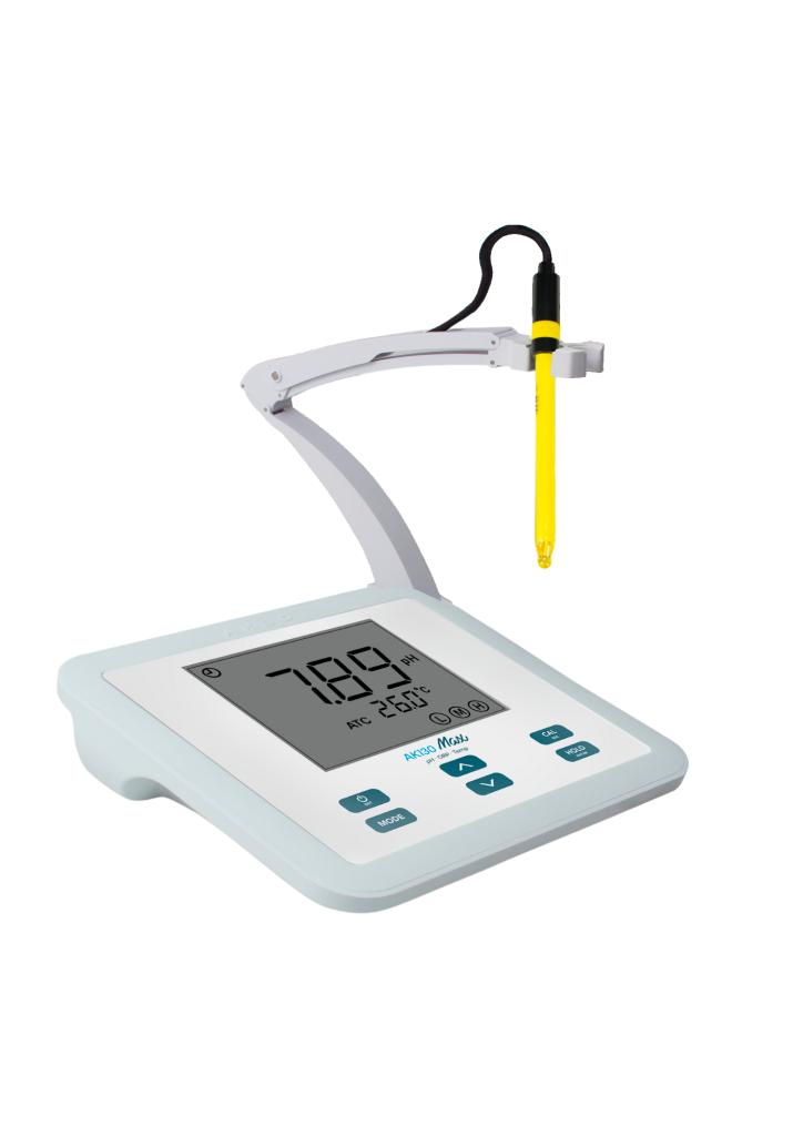 medidor de mesa pH ORP temperatura AKSO AK130 sobre fondo blanco
