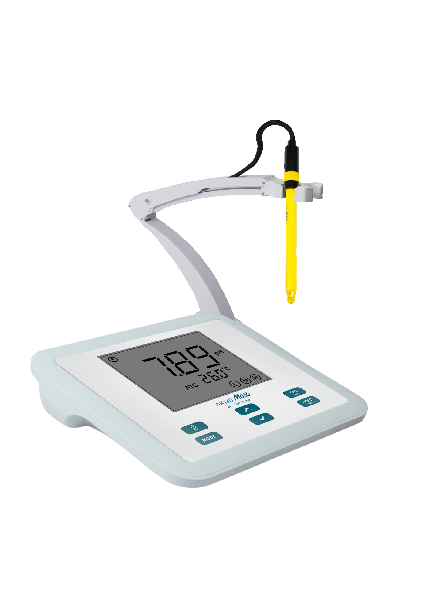 medidor de mesa pH ORP temperatura AKSO AK130 sobre fondo blanco