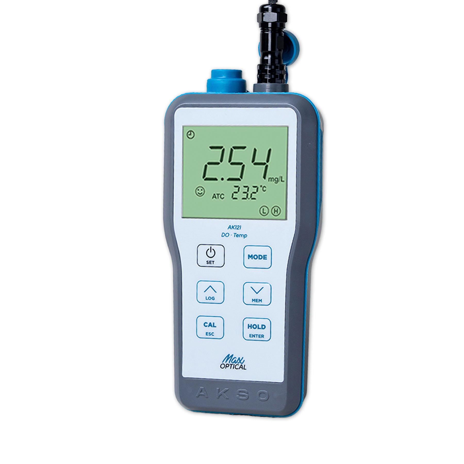 medidor de oxígeno disuelto AKSO AK121 con lectura digital y sonda